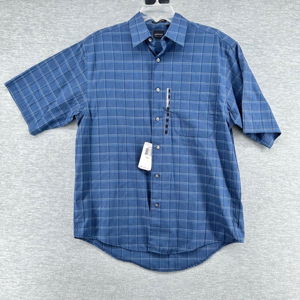 Arrow Button Up Shirt Mens Medium Blue Plaid Wrinkle Free Short Sleeve Pocket